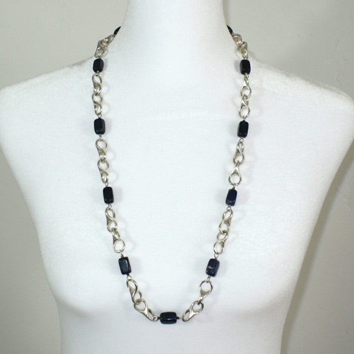 1970 Vintage Sterling Silver Artisan Link Sodalite Station Necklace on dress form.