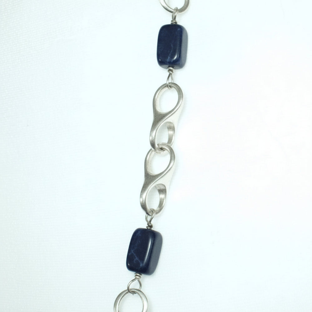 1970 Vintage Sterling Silver Artisan Link Sodalite Station Necklace  in detail.