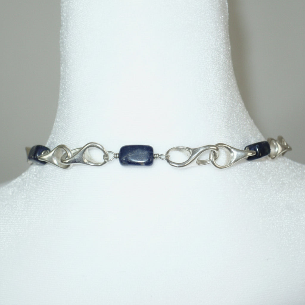 1970 Vintage Sterling Silver Artisan Link Sodalite Station Necklace shows continuous strand and no clasp.