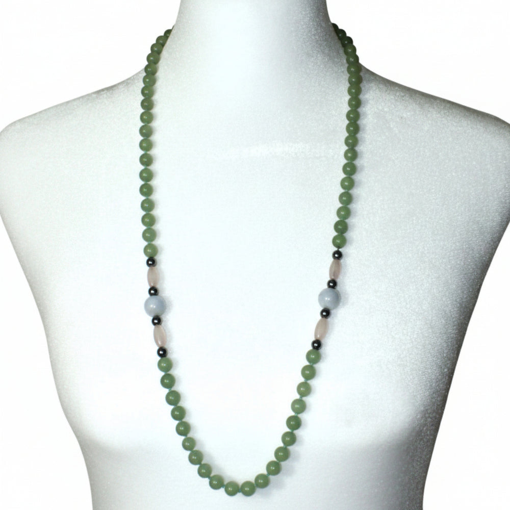 1970s Vintage Aventurine Multi-Gemstone Beaded Strand Necklace 3 on dress form.