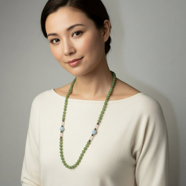 1970s Vintage Aventurine Multi-Gemstone Beaded Strand Necklace on model.