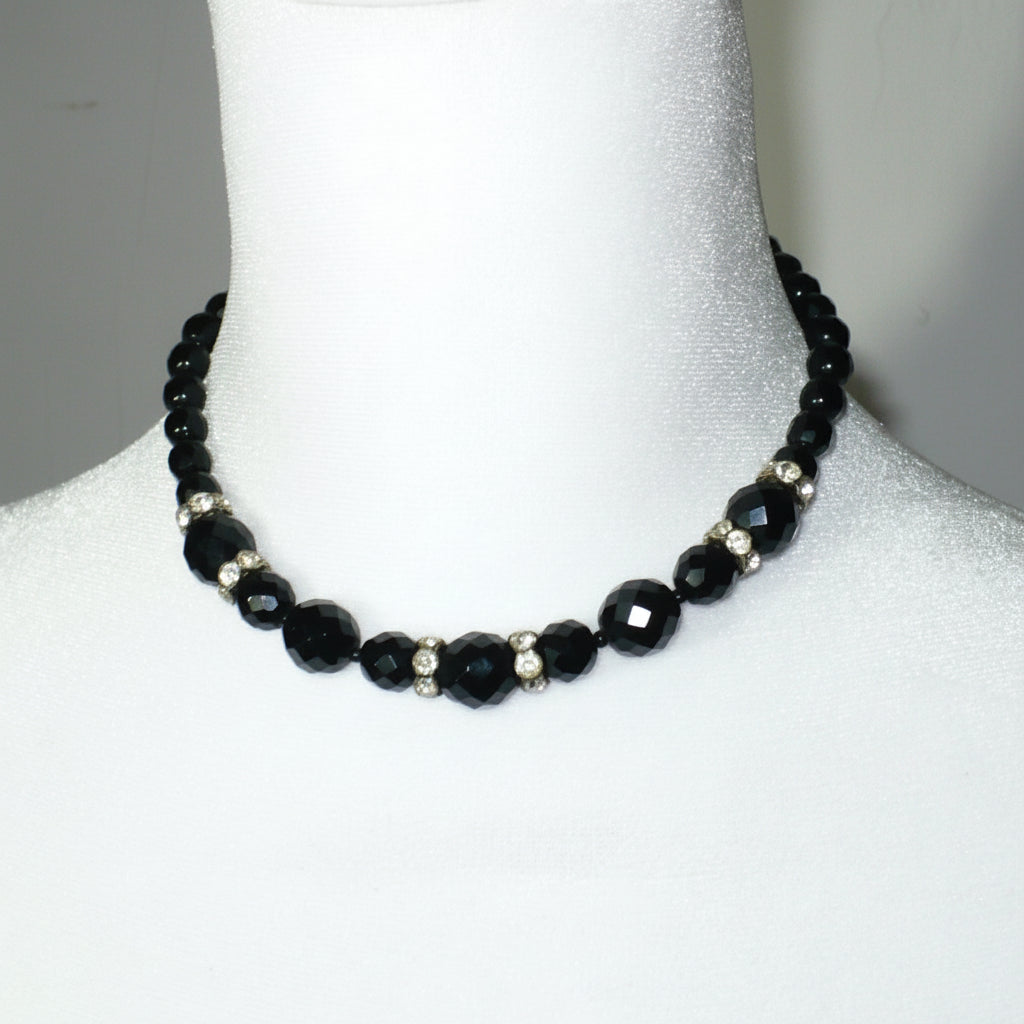 1950s Vintage Black Czech Glass Bead Cocktail Choker Necklace on dress form.