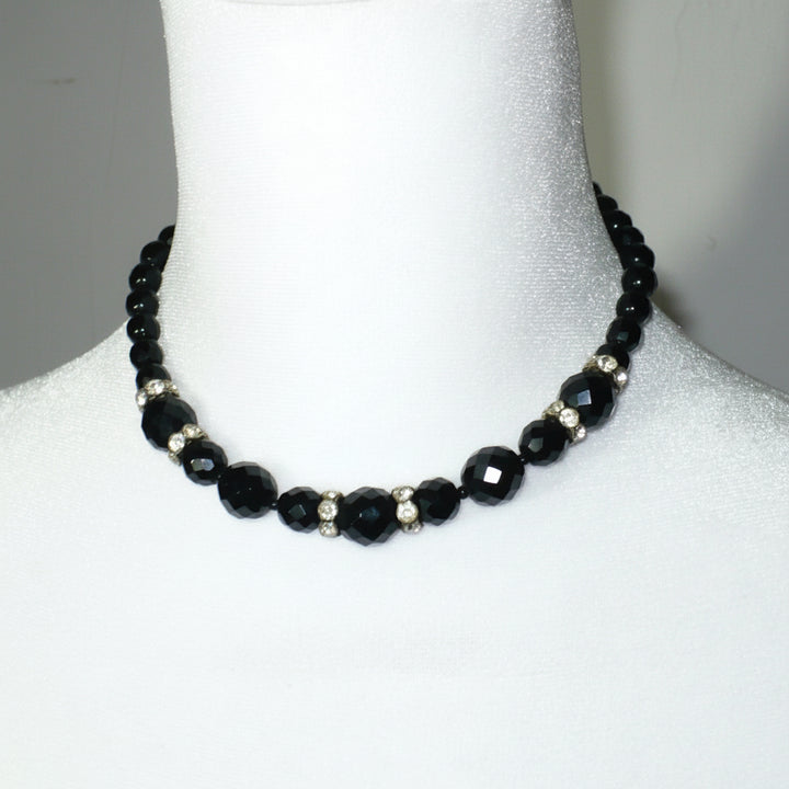 1950s Vintage Black Czech Glass Bead Cocktail Choker Necklace on dress form.