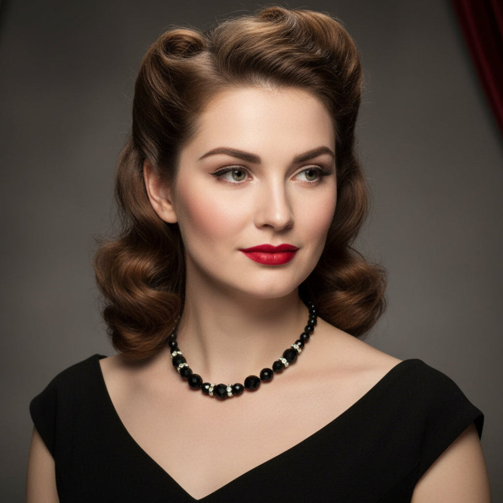 1950s Vintage Black Czech Glass Bead Cocktail Choker Necklace  worn by retro woman.