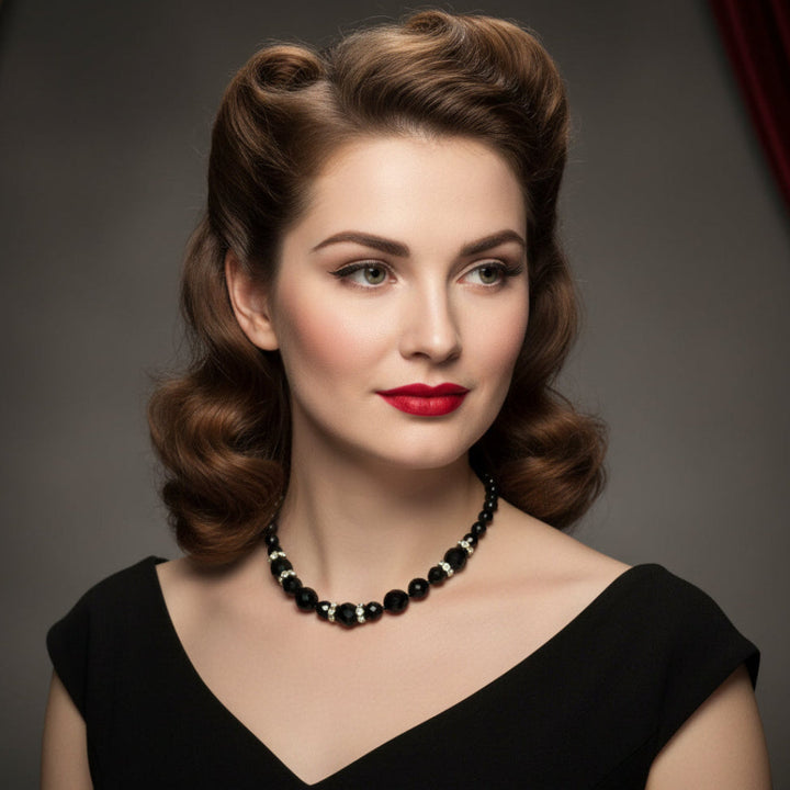 1950s Vintage Black Czech Glass Bead Cocktail Choker Necklace  worn by retro woman.