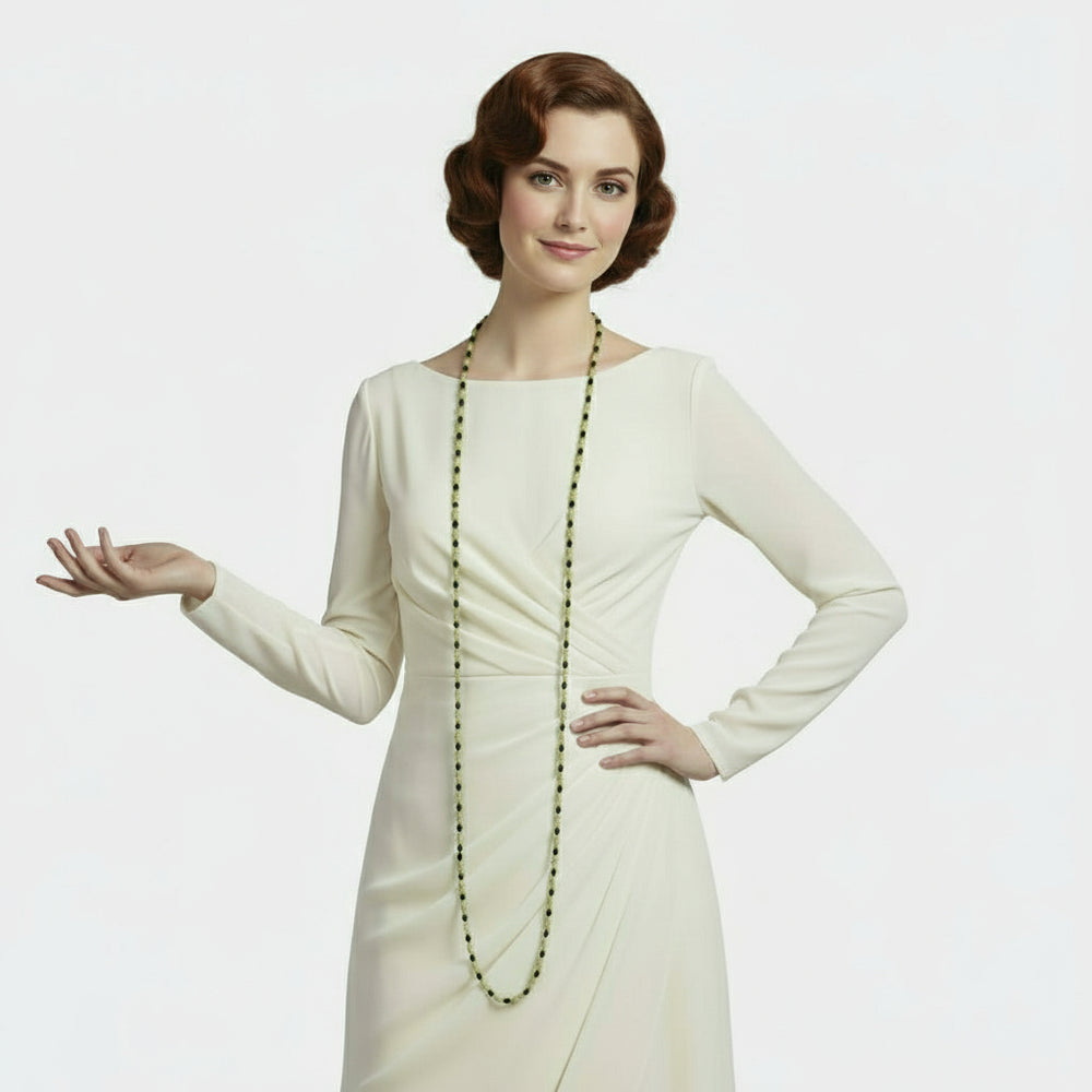 1920s Vintage Long  Glass Beaded Lampwork Flapper Necklace on woman.