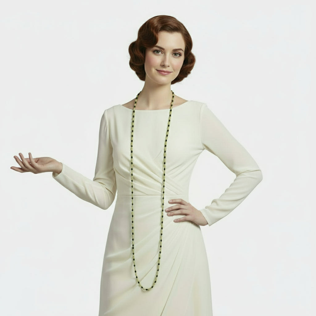 1920s Vintage Long  Glass Beaded Lampwork Flapper Necklace on woman.