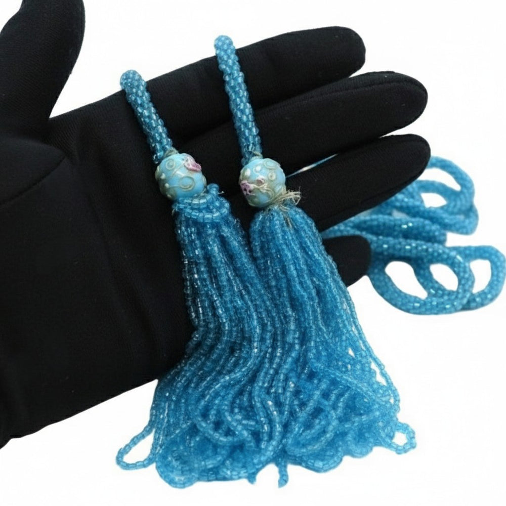 1920s Vintage Art Nouveau Blue Flapper Sautoir Lariat Necklace  lampwork beads on tassels.