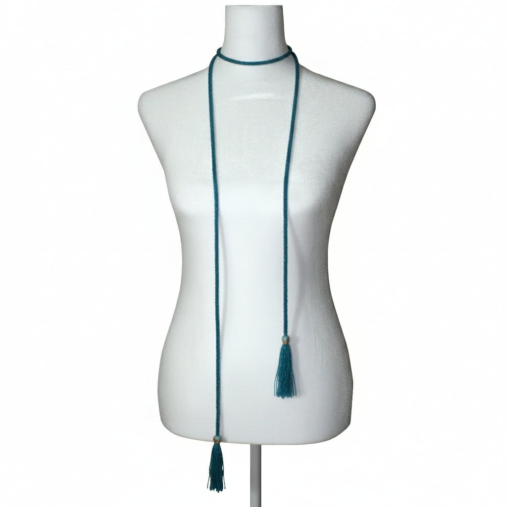 1920s Vintage Art Nouveau Blue Flapper Sautoir Lariat Necklace 64" on dress form.