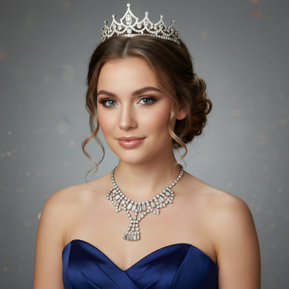 1950s Vintage Art Deco Rhinestone Festoon Necklace  displayed on prom queen.