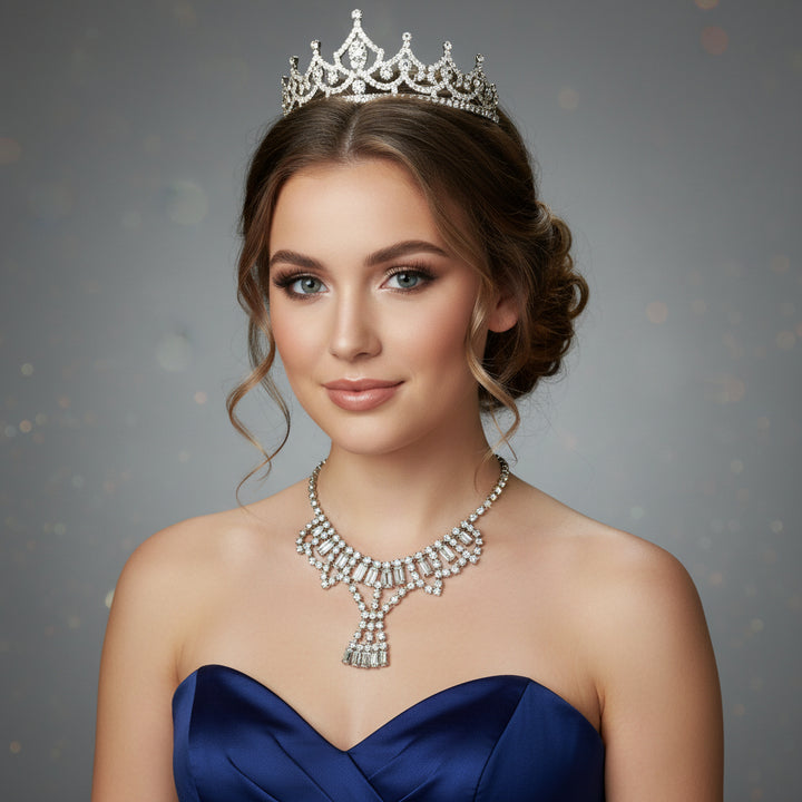 1950s Vintage Art Deco Rhinestone Festoon Necklace  displayed on prom queen.