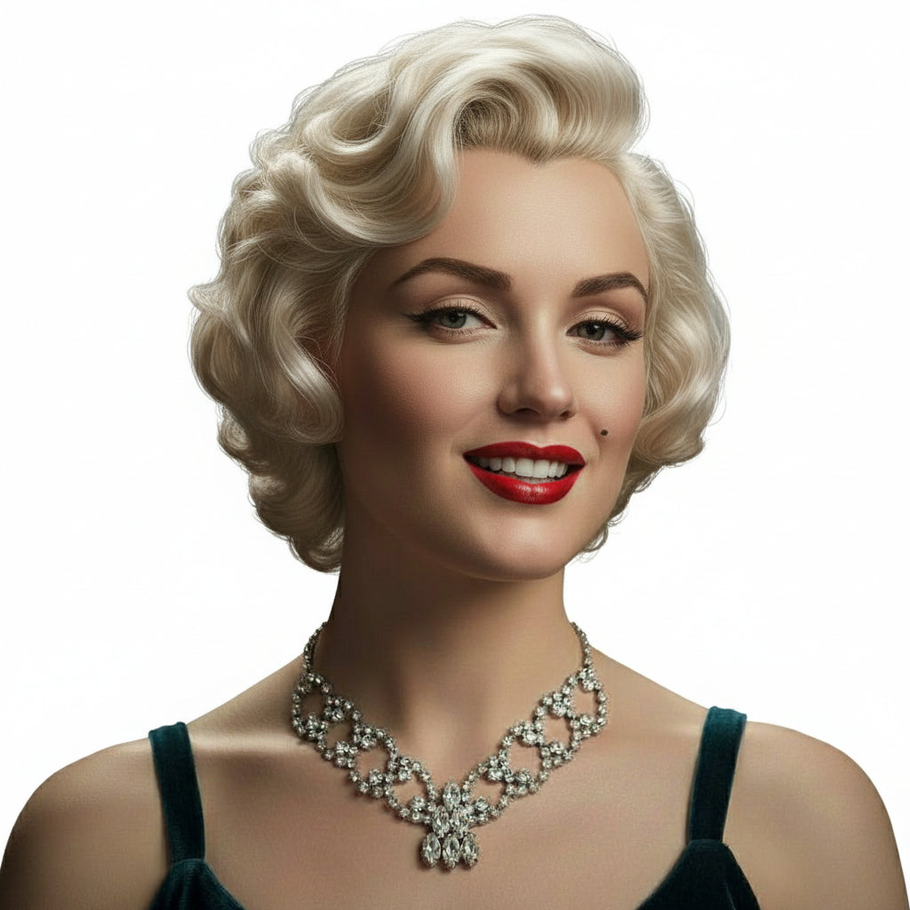 Woman wearing 1950s Vintage Rhinestone Burlesque or Prom, stage Bib Necklace.