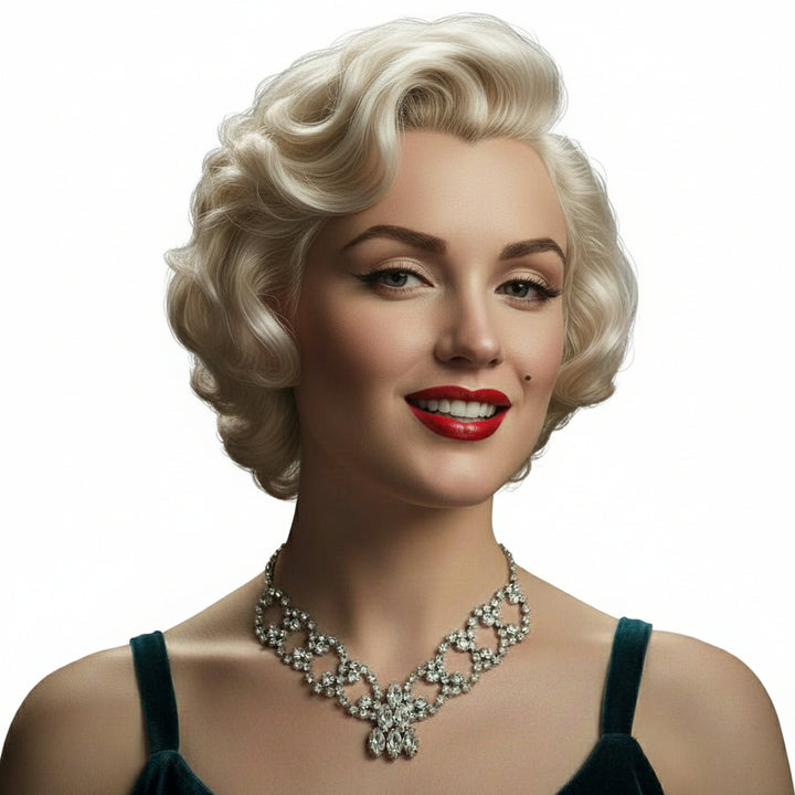 Woman wearing 1950s Vintage Rhinestone Burlesque or Prom, stage Bib Necklace.
