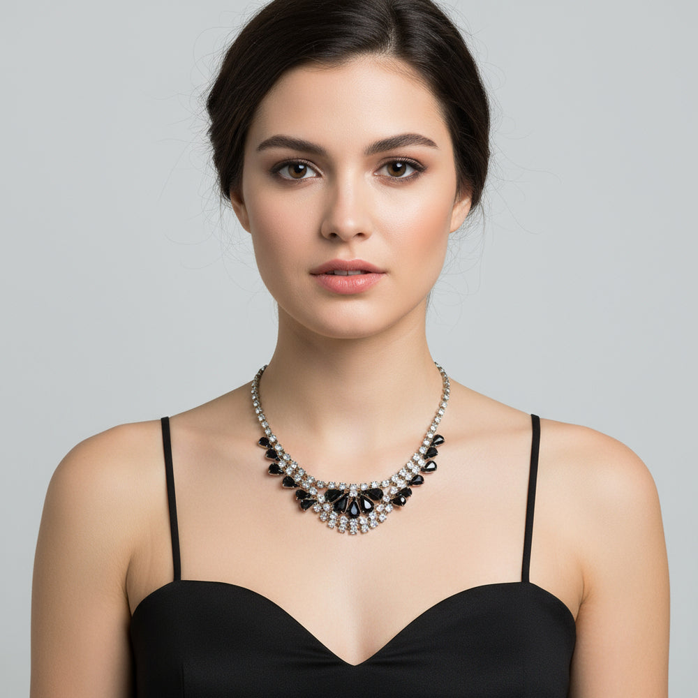 Vintage Black Czech Glass Bib Necklace Adorned with Rhinestones on model– Ideal for Prom or Stage Wear.