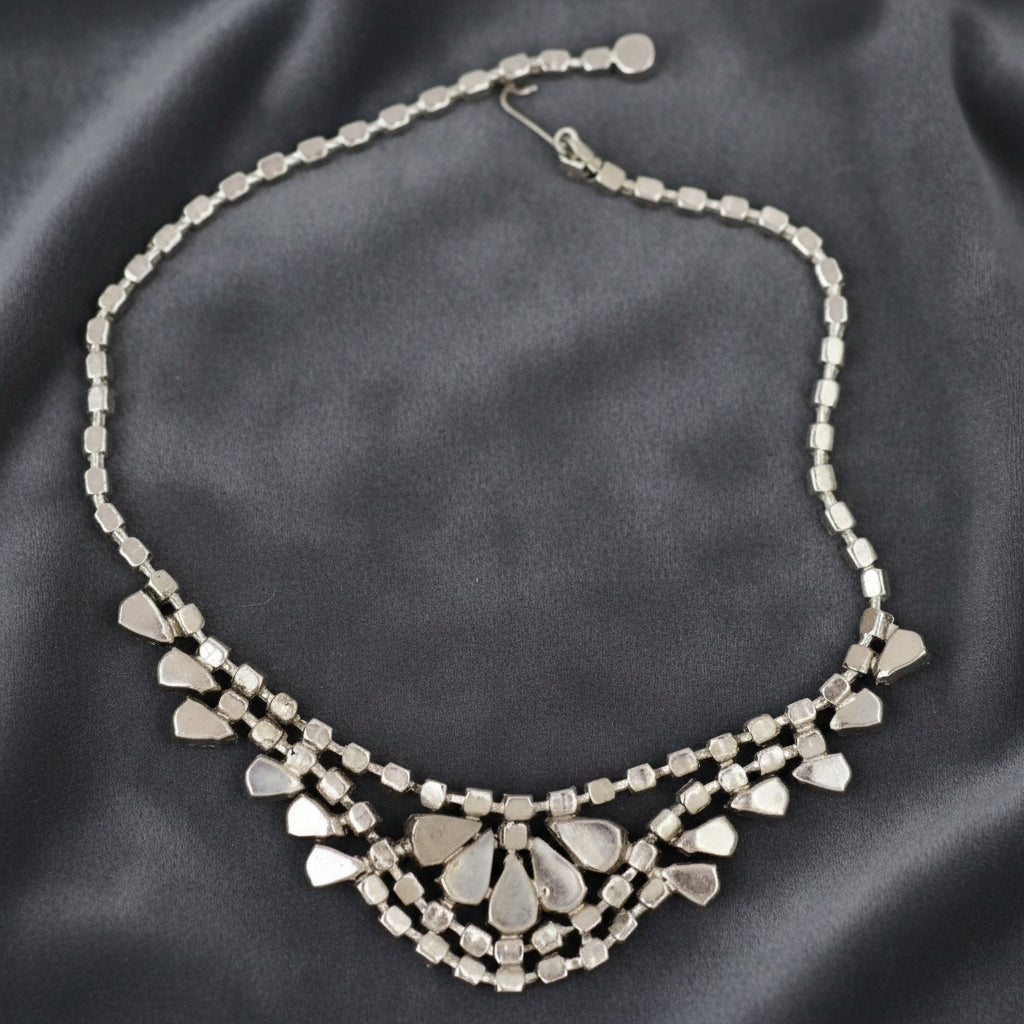 Back side shows excellent condition of Vintage Black Czech Glass Bib Necklace Adorned with Rhinestones – Ideal for Prom or Stage Wear