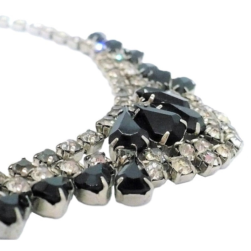 Enlargeed detail shows high quality of stones and pring settings on Vintage Black Czech Glass Bib Necklace Adorned with Rhinestones – Ideal for Prom or Stage Wear
