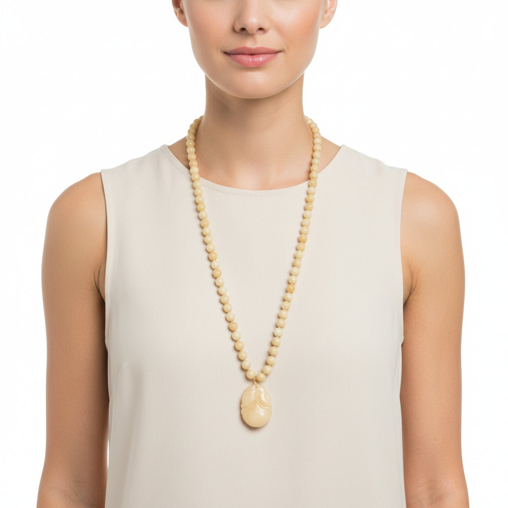 Post Mao Vintage Yellow Jade Necklace Hand-Carved Persimmon Pendant on woman.