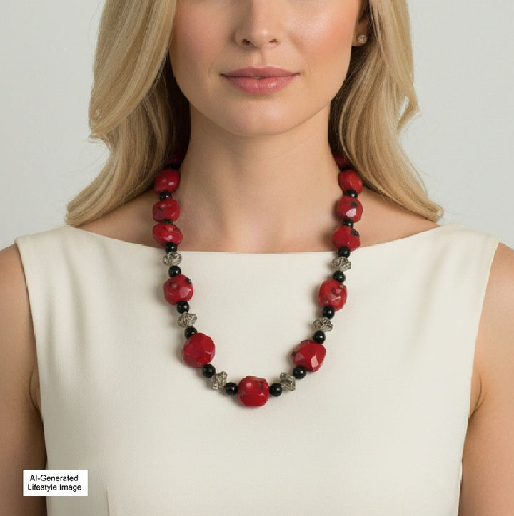 1970s Red Coral and Onyx Beaded Necklace 24 Inches