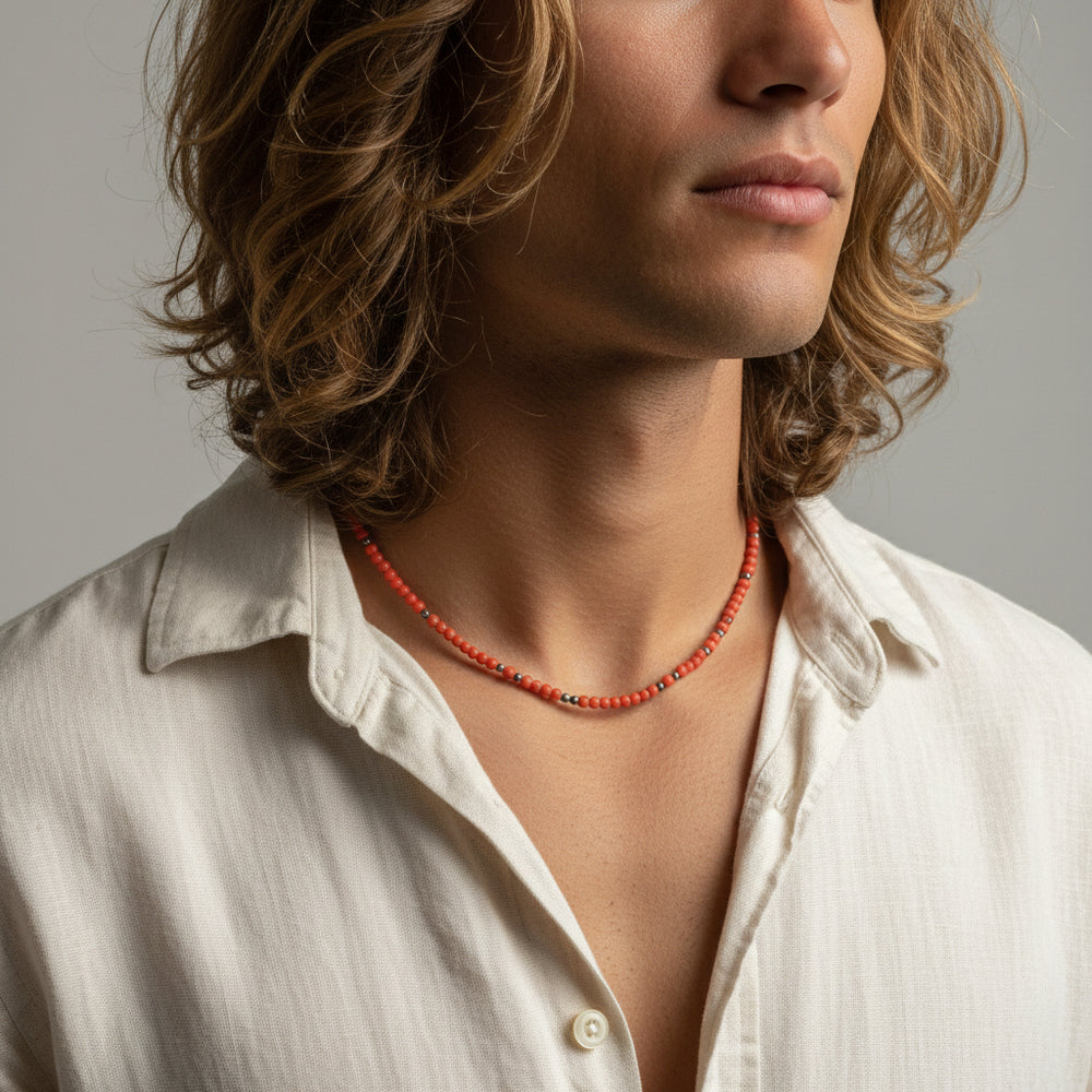 1970s Vintage Coral & Hematite beaded  Necklace. on male model.