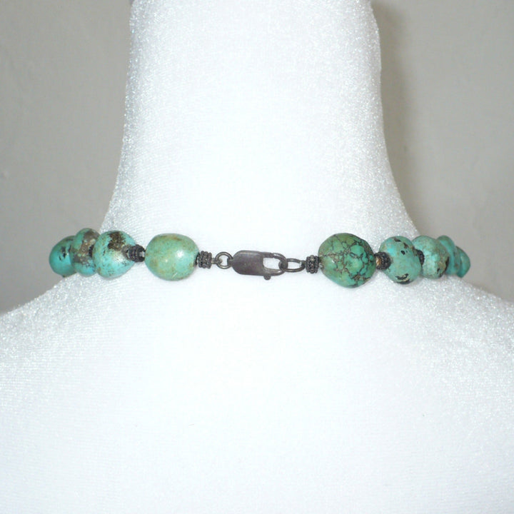 1970s Vintage Hubei Turquoise Beaded Necklace with sterling silver lobster claw clasp.