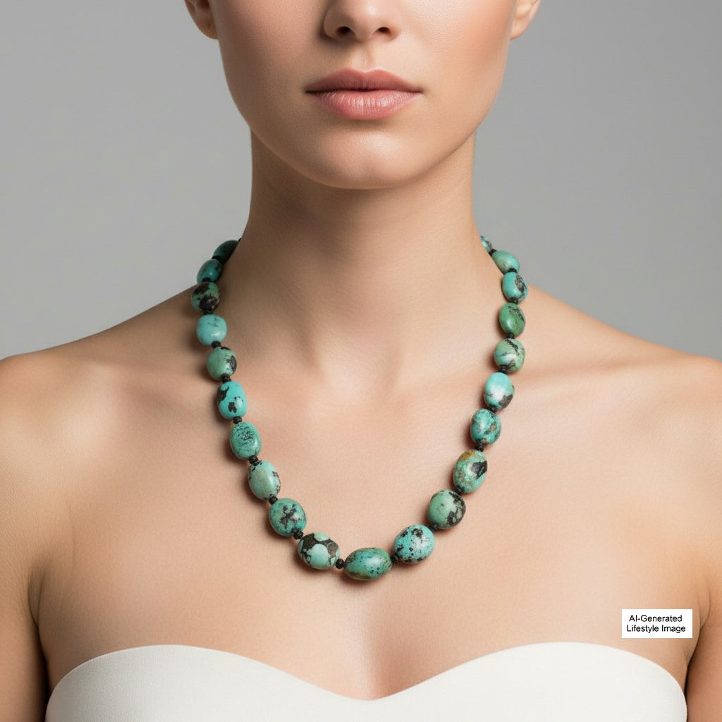 1970s Turquoise & Silver Beaded Necklace 24"