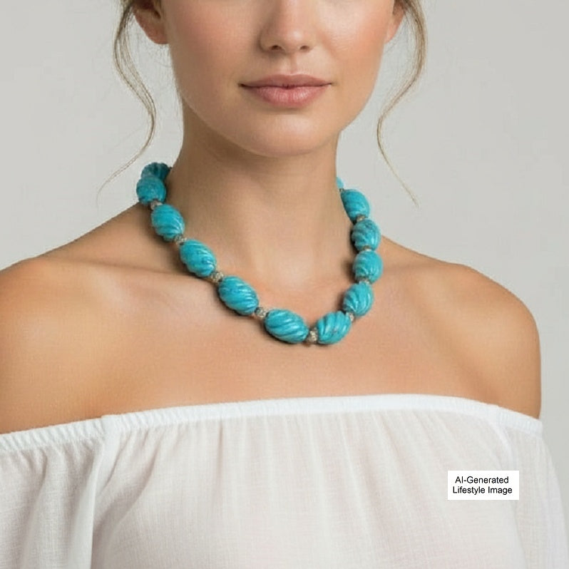 1970s Blue Howlite & Silver Beaded Necklace 22"