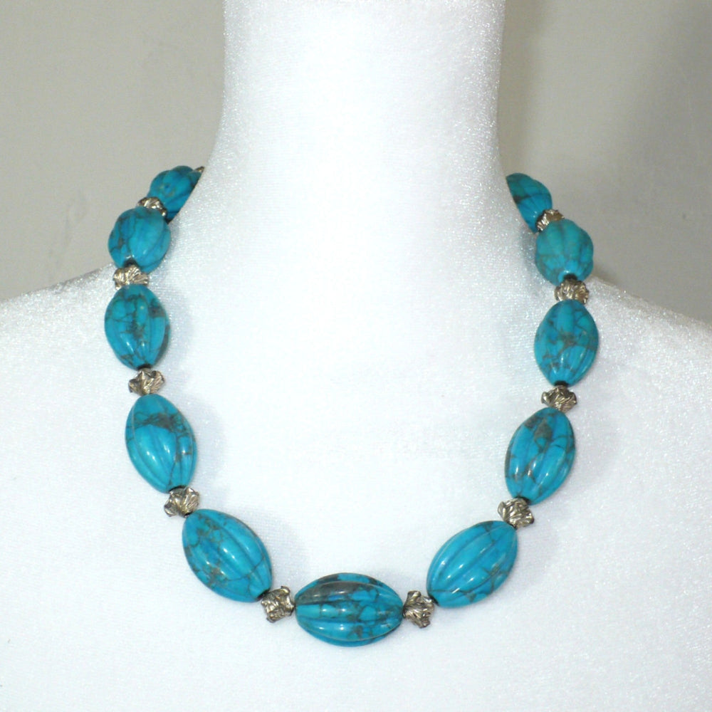 Vintage Chunky Blue Howlite & Sterling Silver Beaded Necklace 20"