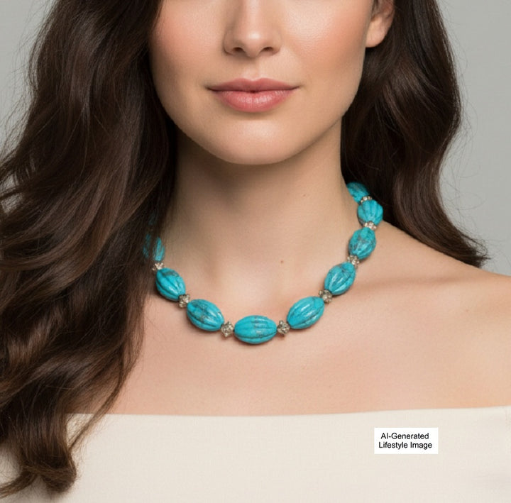 1970s Turquenite & Silver Beaded Necklace 20"