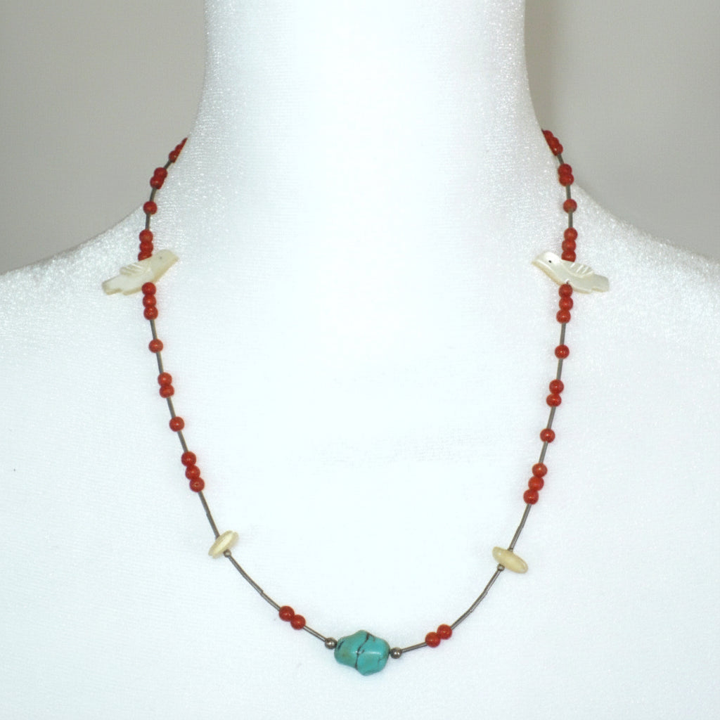 1960s Vintage Red Coral Howlite and Shell Bird Fetish Beaded Necklace, front view on dress form.