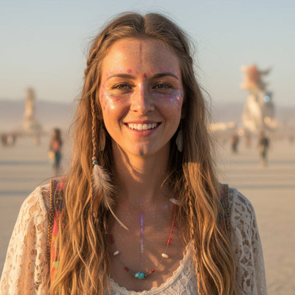 Woman with face paint and jewelry at a festival in a desert setting wearing 1960s Vintage Red Coral Howlite and Shell Bird Fetish Beaded Necklace.