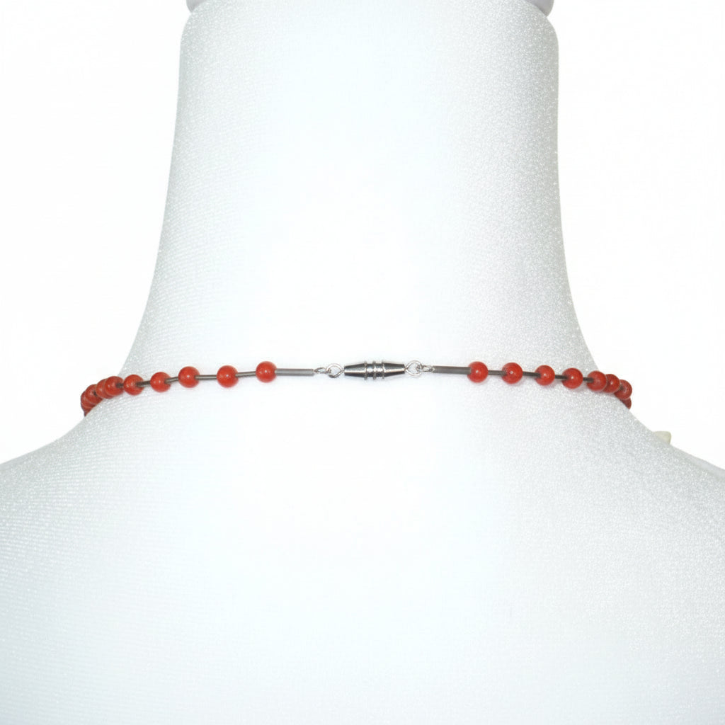 1960s Vintage Red Coral Howlite and Shell Bird Fetish Beaded Necklace, barrel clasp back view on dress form.