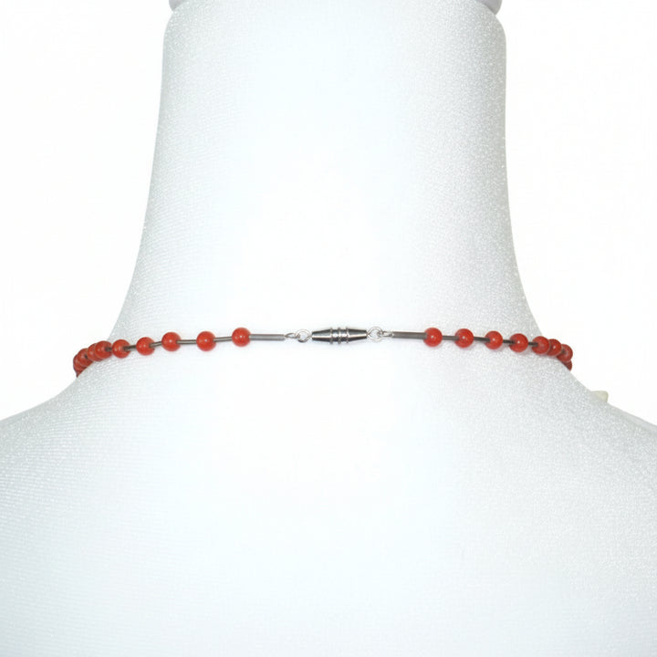 1960s Vintage Red Coral Howlite and Shell Bird Fetish Beaded Necklace, barrel clasp back view on dress form.