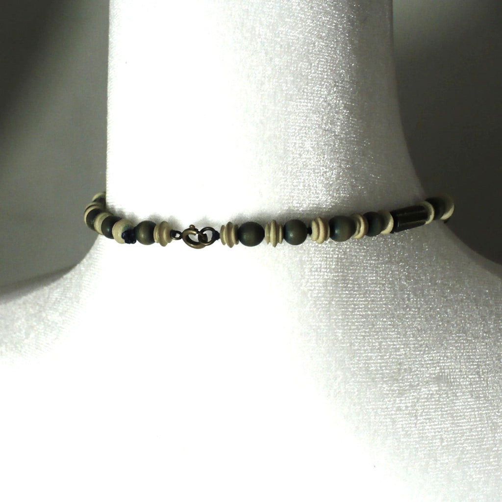 Vintage 1920s Pumtek Beaded Necklace Fossilized Opalized Wood, shows working spring ring clasp.