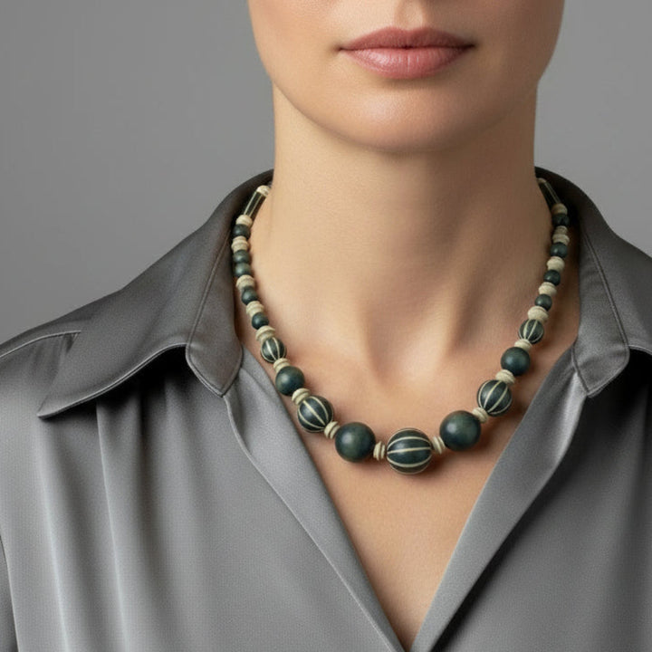 Vintage 1920s Pumtek Beaded Necklace Fossilized Opalized Wood on model