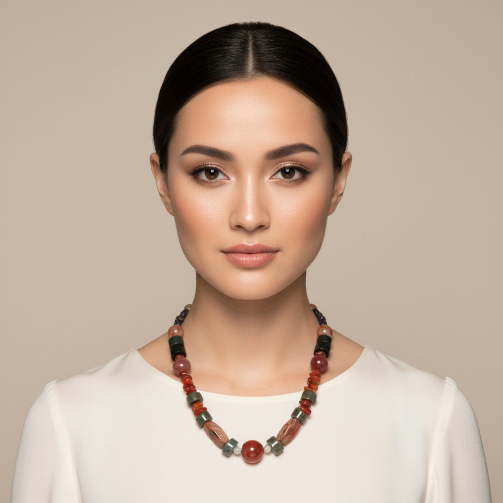 1980s Vintage Boho Chic Mixed Agate Bold Bead Statement Necklace