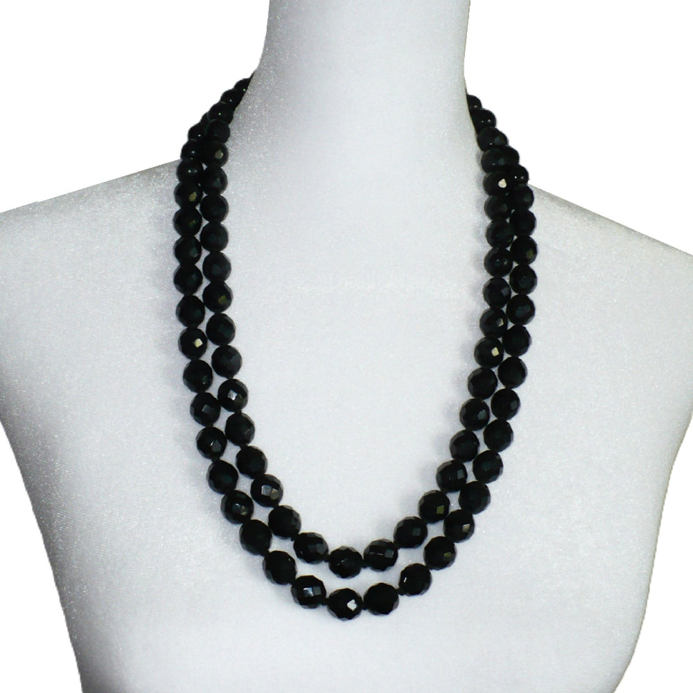 1950s Vintage Multi-strand Black Facet Breaded Post-war Necklace.