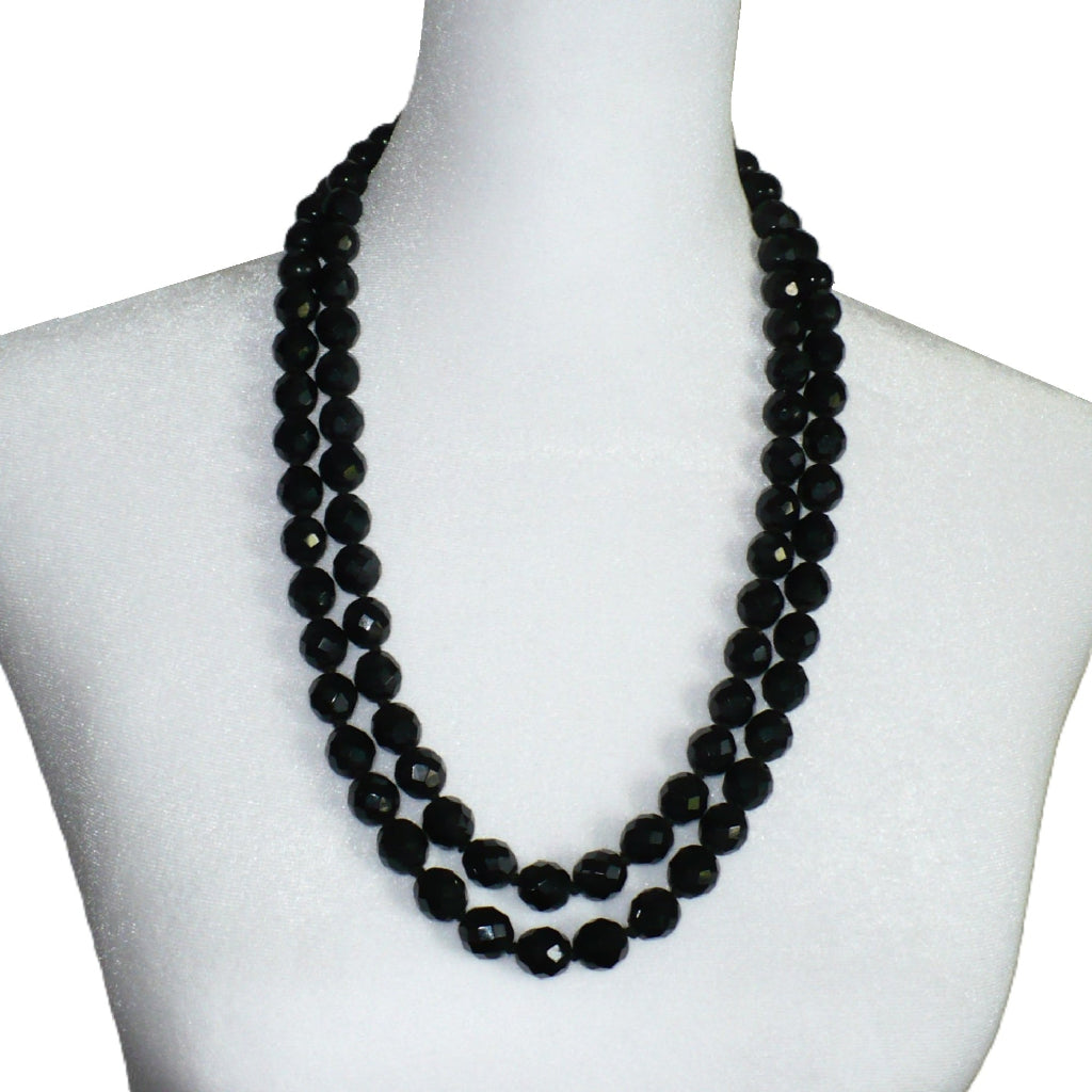 1950s Vintage Multi-strand Black Facet Breaded Post-war Necklace.