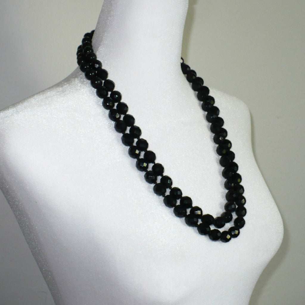 1950s Black Faceted Glass Multi-strand Cocktail Necklace 26"