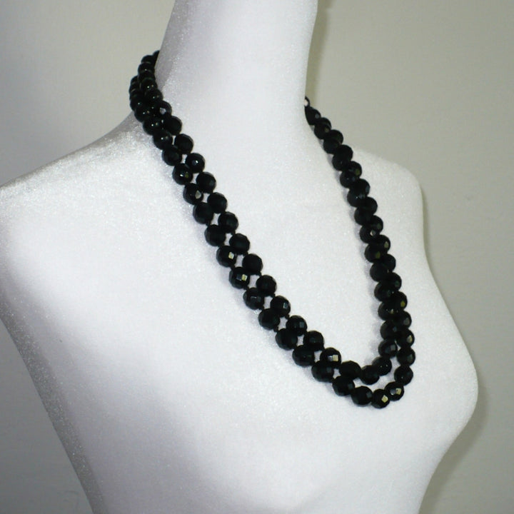 1950s Black Faceted Glass Multi-strand Cocktail Necklace 26"
