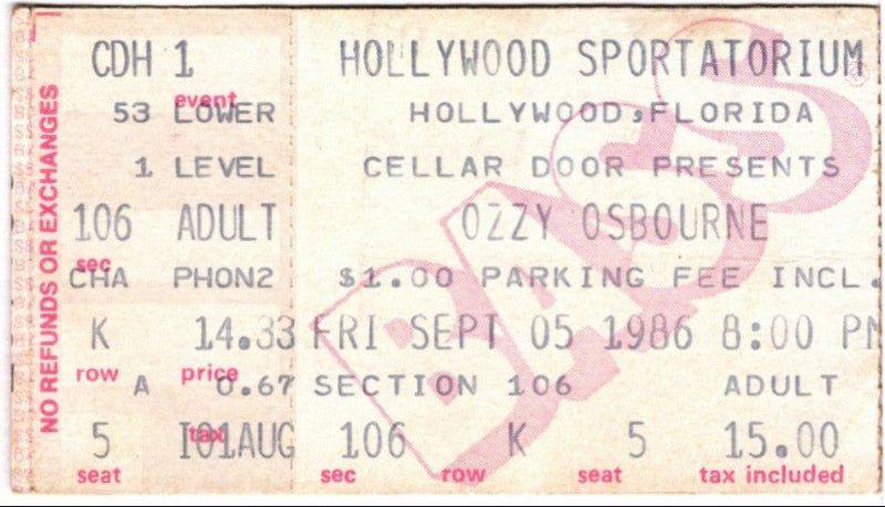 Ozzy Osbourne Ultimate Sin 1986 Ticket Stub, front.