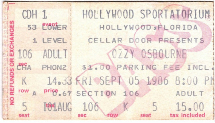 Ozzy Osbourne Ultimate Sin 1986 Ticket Stub, front.