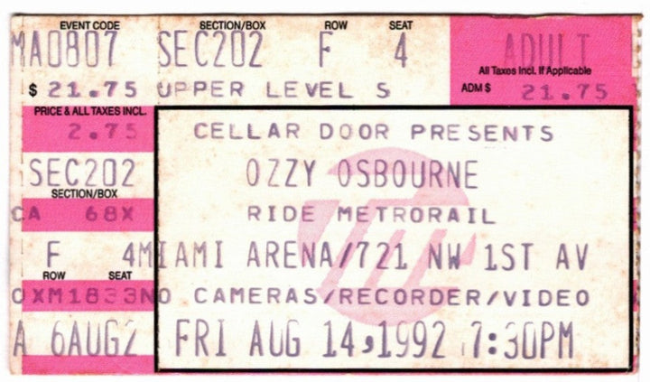Ozzy Osbourne No More Tours 1992 Ticket Stub, front.