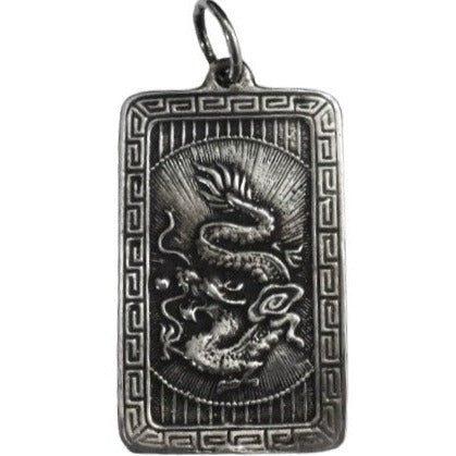 1980s Vintage Sterling Silver Dragon Chinese "Happiness" 2-sided Plaque Pendant