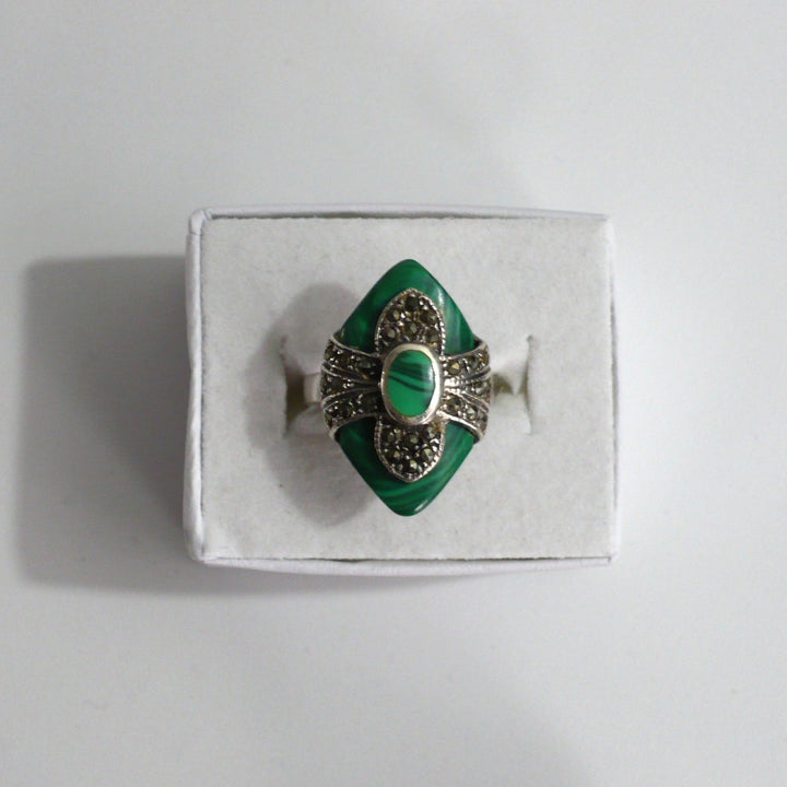 1970s Vintage Sterling Silver Malachite Cocktail Ring Size 7