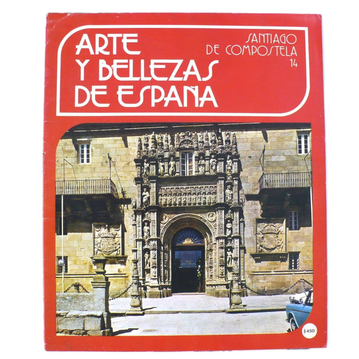 The cover of the book 'Arte Y Bellezas De España Volumen 14 Santiago de Compostela' featuring a photograph of The Church of Santa Mária a Real do Sar with a red and white title text overlay.