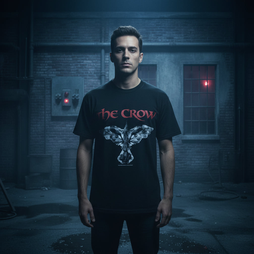 Man wearing a vintage  'The Crow' t-shirt in a dark, industrial setting.