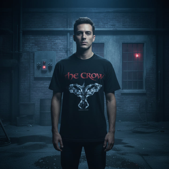 Man wearing a vintage  'The Crow' t-shirt in a dark, industrial setting.