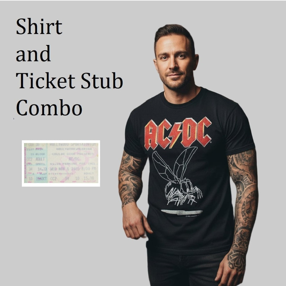Man wearing a vintage AC/DC t-shirt with a ticket stub on a gray background