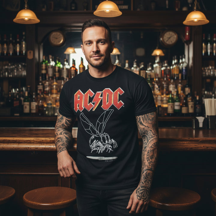 Man wearing a vintage AC/DC t-shirt in a bar setting.