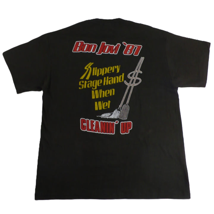 Back of black vintage 'Bon Jovi'  crew t-shirt shirt with text and graphics.